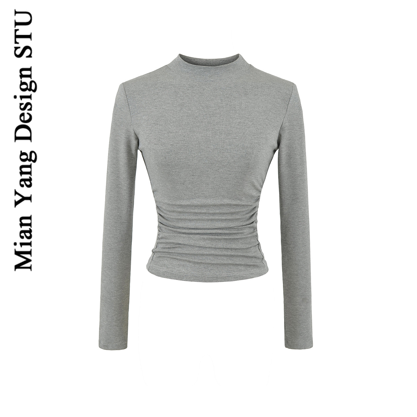 棉洋美式辣妹半高领弹力长袖打底衫女 复古运动少女褶皱蚂蚁腰短T