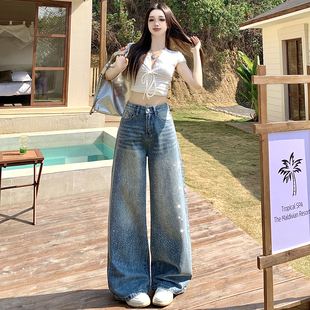 欧货烫钻亮闪闪满天星直筒牛仔裤女2026年时尚重工高级感阔腿裤子