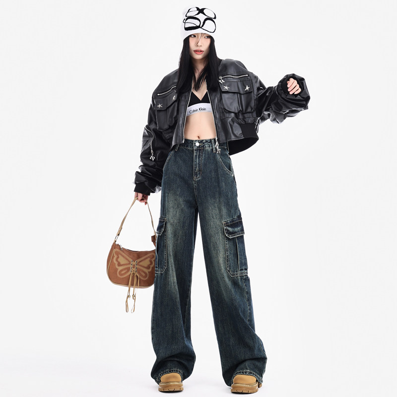 新款美式复古工装牛仔女高腰显瘦阔腿裤长裤&加长裤,女装/女士精品,牛仔裤,淘宝优惠券,粉丝福利购,淘宝优惠卷