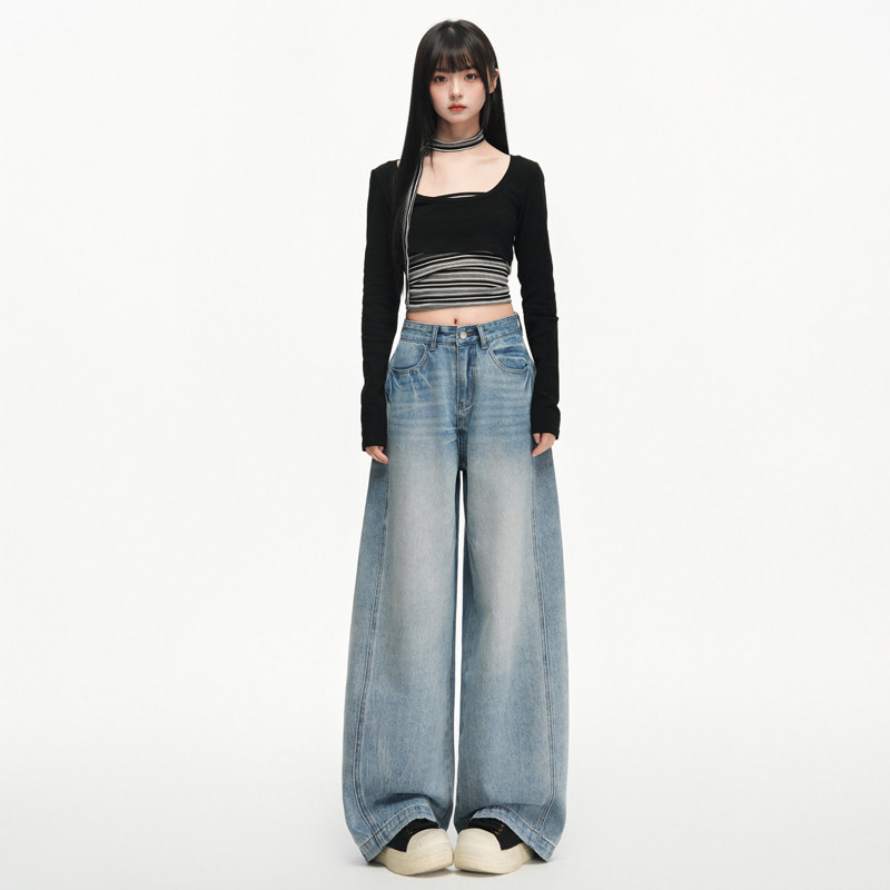 2026开春复古水洗牛仔裤女宽松弯刀显瘦休闲裤阔腿裤长裤子,女装/女士精品,牛仔裤,淘宝优惠券,粉丝福利购,淘宝优惠卷