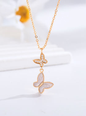 爆款轻奢风蝴蝶项链微镶锆石香槟金时尚轻奢小香风吊坠送女友礼物