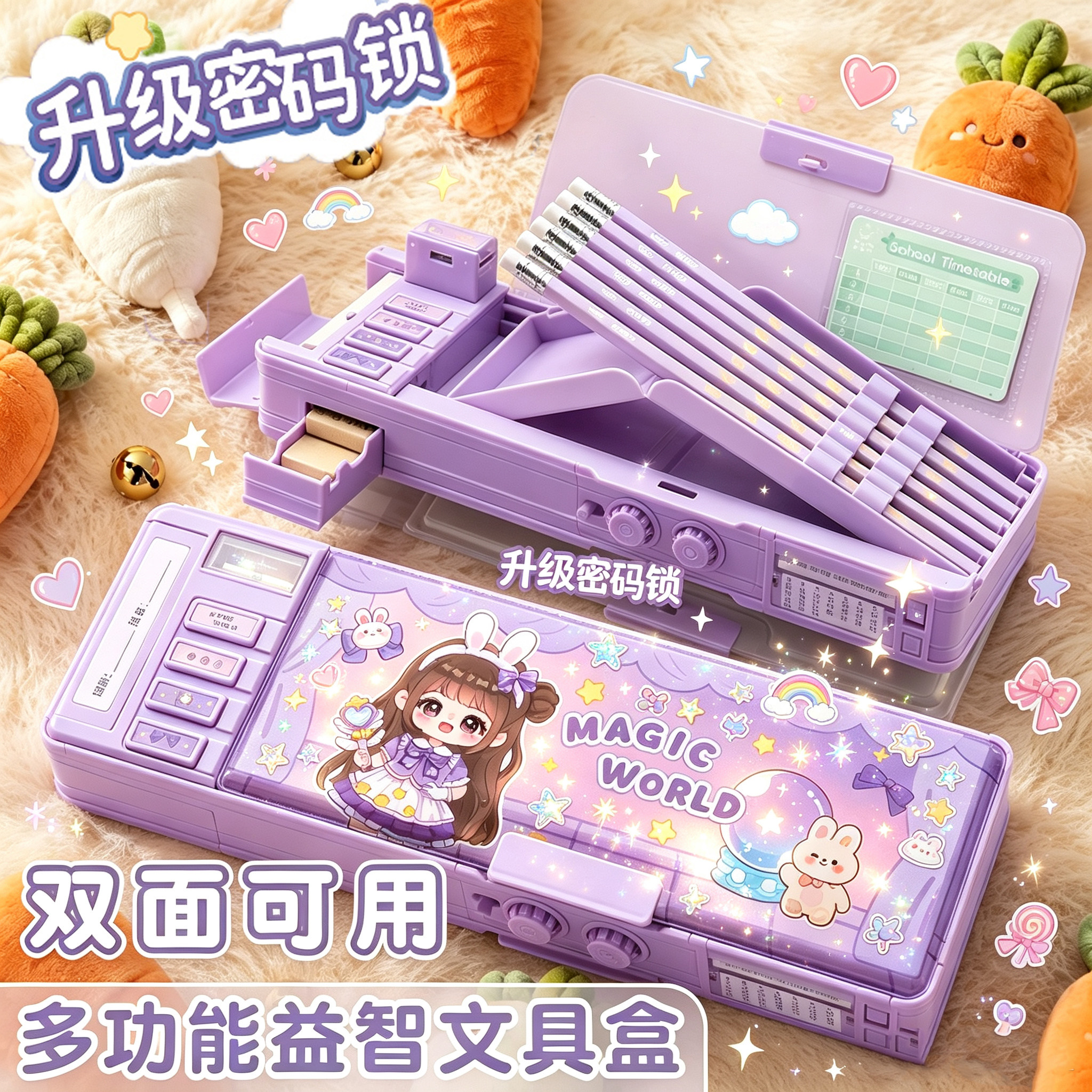 卡通密码锁文具盒多功能女孩款男孩笔袋小学生用一年级铅笔盒女生幼儿园可爱文具袋大容量铅笔袋2026新款流行