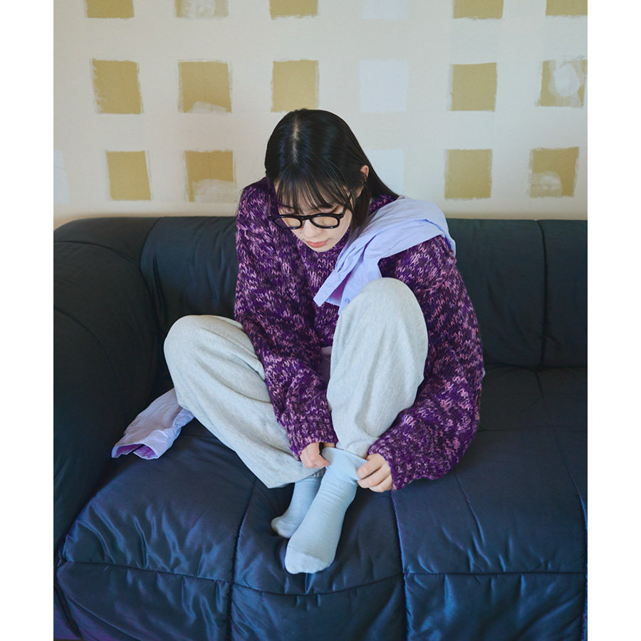 浆果紫混色粗支羊毛混织圆领针织套头毛衣女 文艺复古