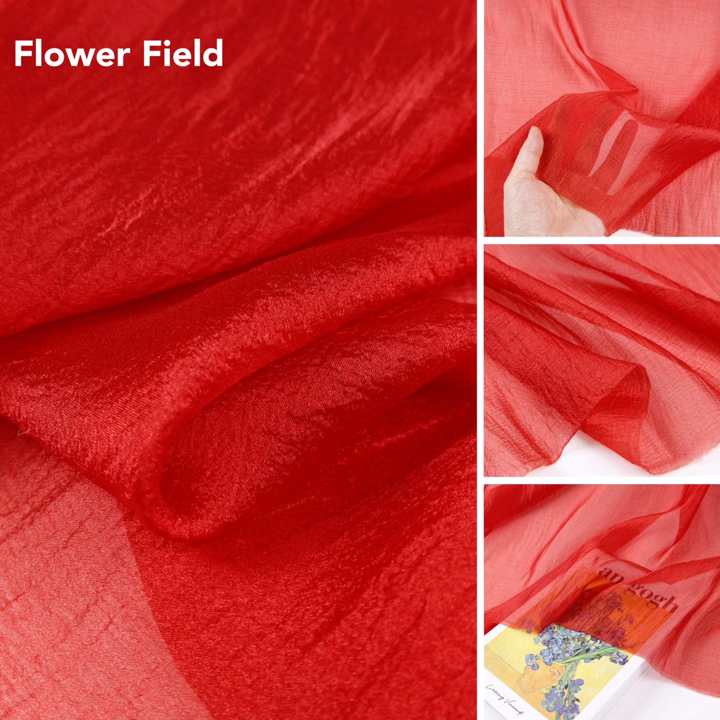 柔软半透光泽 红色飘逸珠光进口欧根纱时装面料纱裙礼服布料diy