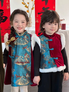男女童新中式马甲冬儿童红丝绒夹棉保暖刺绣背心cherry5702 5802