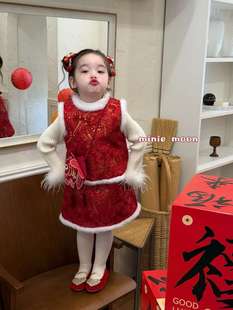 现货小月亮25新款女童新中式国风盘扣加绒古风马甲背心裙套装1262