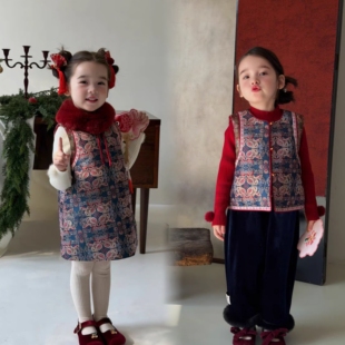 现货Nc26新中式国风盘扣加绒古风马甲背心连衣裙马甲裤子套装059