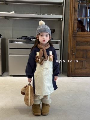 Opolala女童连衣裙秋冬25个性可爱假两件拼色卫衣背带裙7168套装