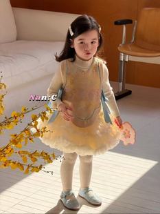 Nc2025新款女童新中式国风盘扣加绒古风马甲背心裙套装