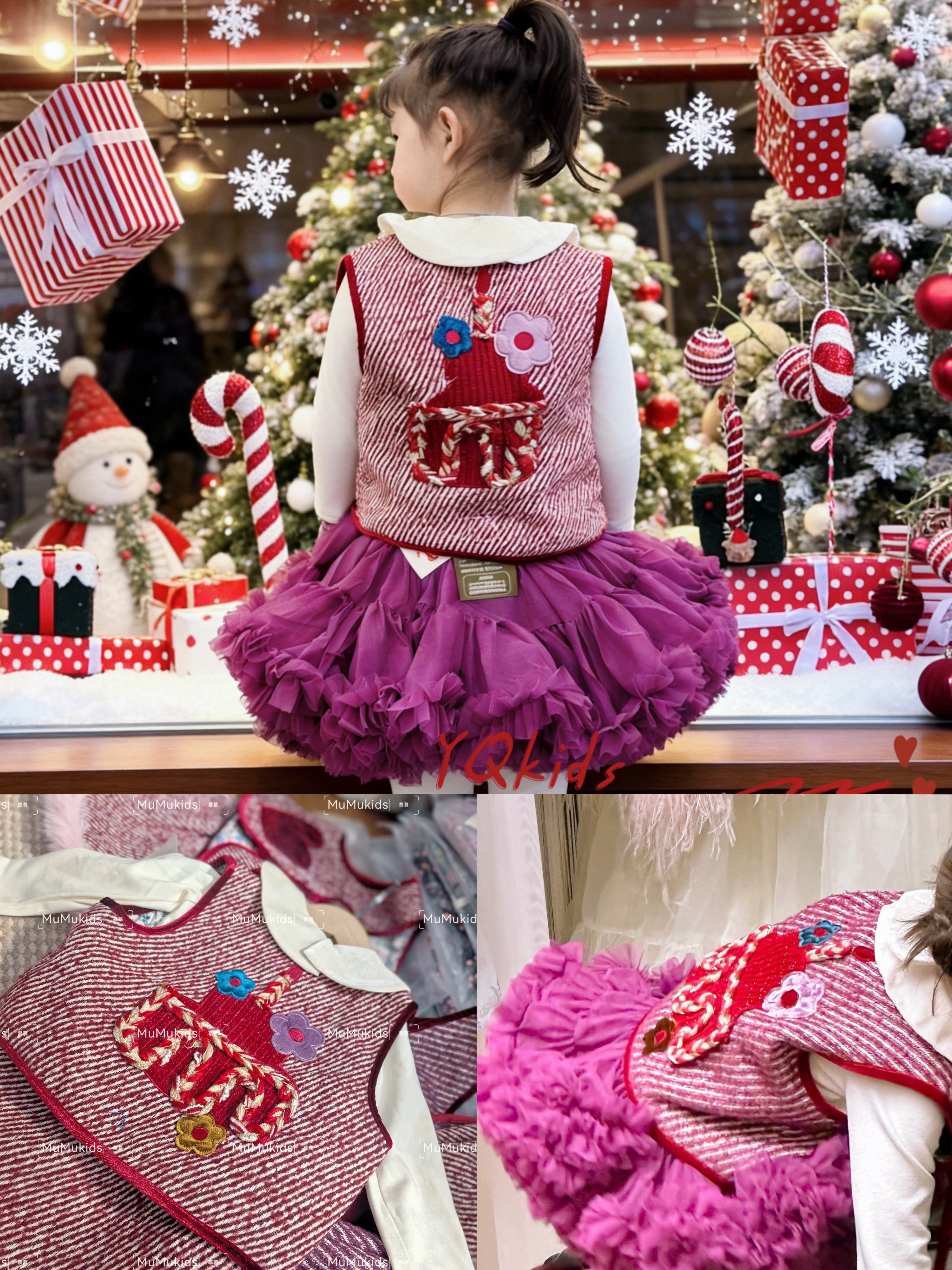 女童25秋冬新款洋气女宝宝羊毛小香风圣诞新年礼服背心裙套装001