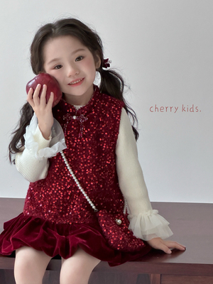 樱桃加绒背心裙秋冬儿童两色拜年服礼服裙子女宝宝亮片公主裙5638