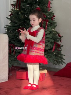 Nc26新款女童蝴蝶结格子毛绒绒加厚加绒马甲背心裙连衣裙套装044
