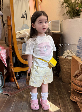 现货opao25夏新女童卡通兔子短袖T恤洋气时髦短裤套装8673/8508
