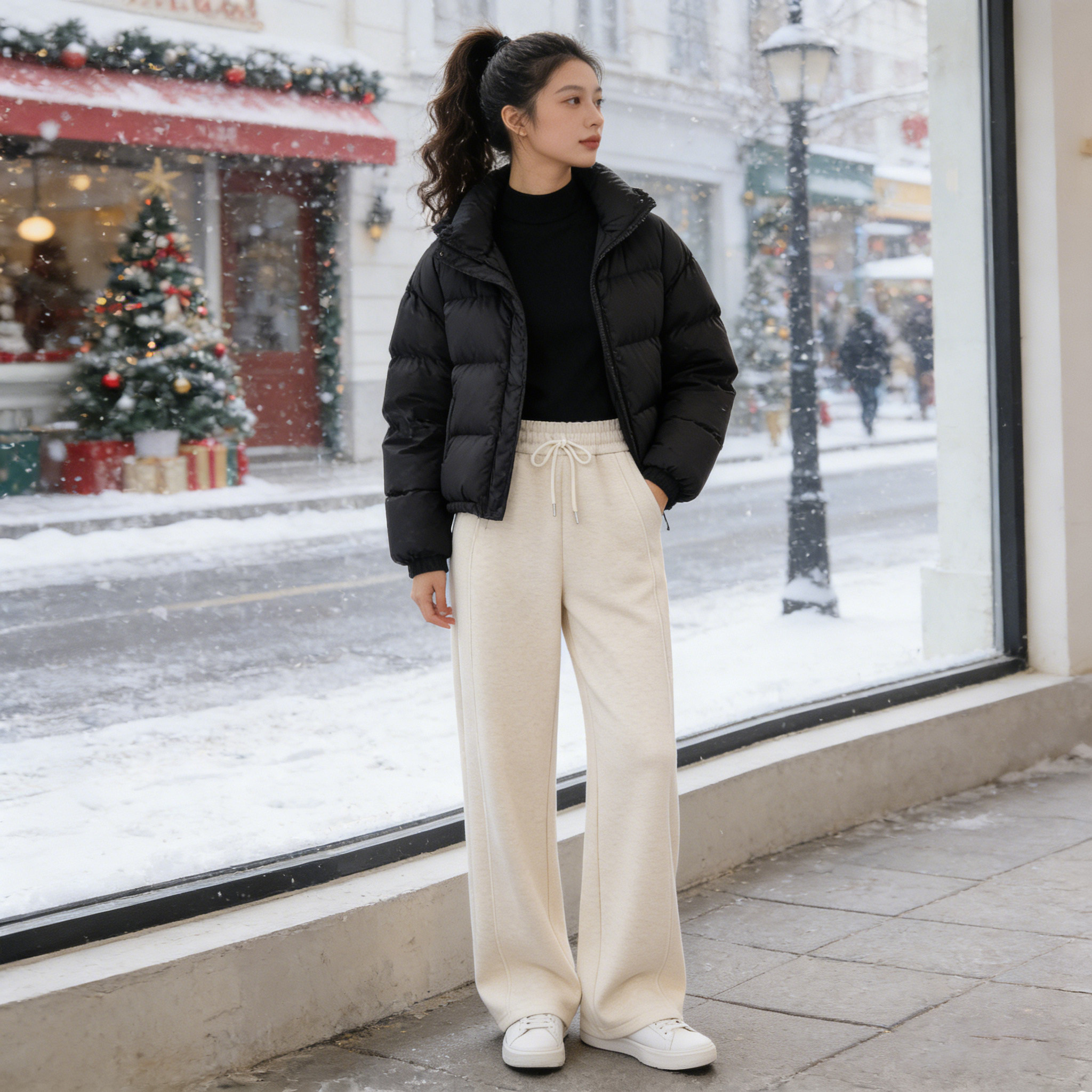 加绒加厚休闲风高腰系带窄版阔腿裤女冬季垂感直筒小个子休闲裤