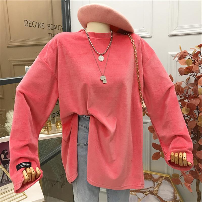 Spring new long sleeve T-shirt for girls in spring with student's solid color base shirt Korean split loose top