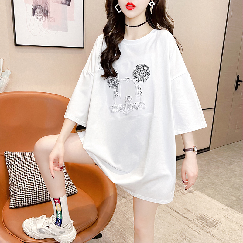 Real shot new heavy industry diamond embossed stereo Mickey short sleeve T-shirt women's large women's top fat