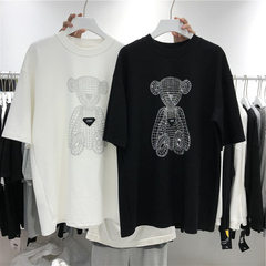 新款棉質拉架白色短袖恤女小熊重工燙鑽半袖上衣