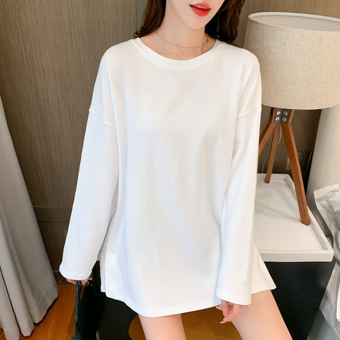 Real shot new pure cotton thickened fleece plus Plush White Long Sleeve T-shirt for women with solid color jacket
