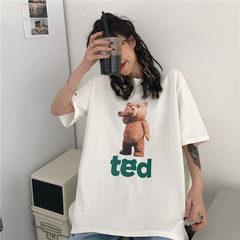 Real time Pullover cotton letter print bear medium length short sleeve loose top shirt