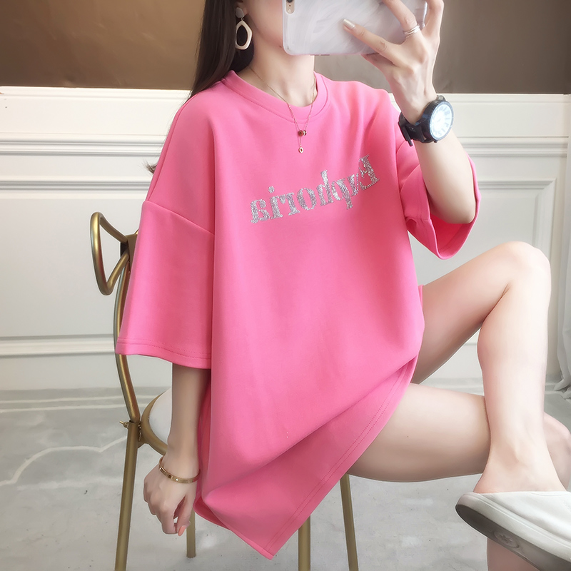 實拍短袖t恤女夏2021新款韓版中長學生上衣大碼女裝