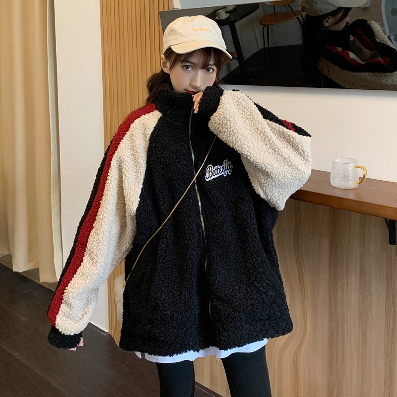 Real shot autumn and winter versatile loose oversized imitation Lamb Fur jacket Baseball Jacket