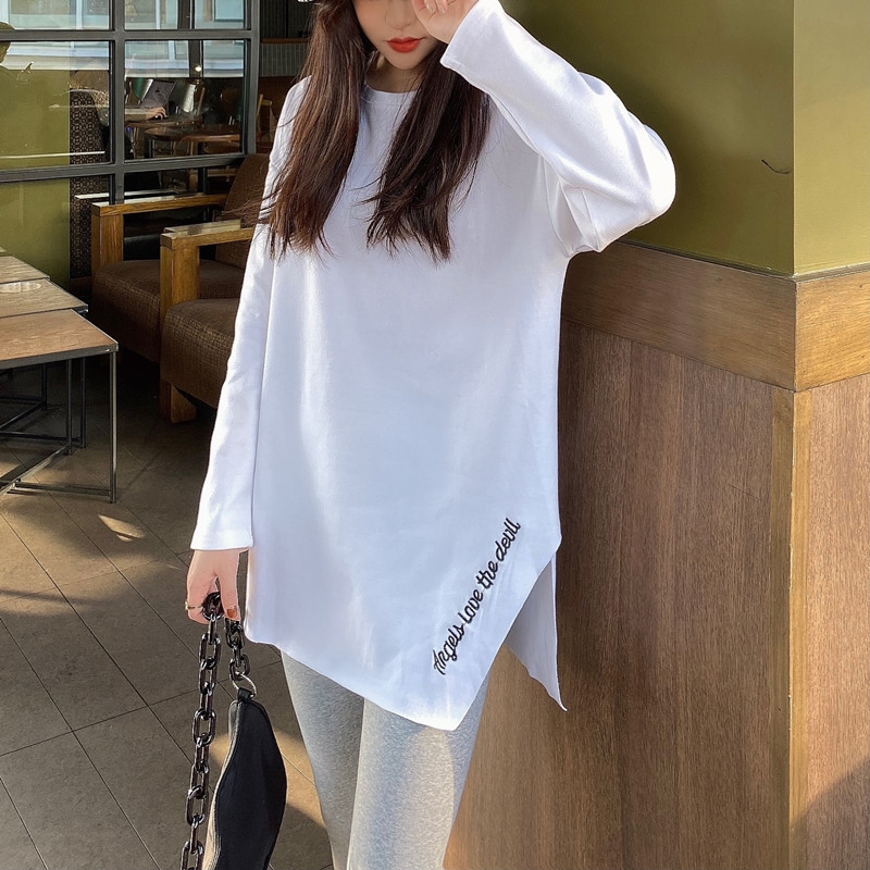 Real shooting double side Teflon long sleeve T-shirt women's white medium length Plush top
