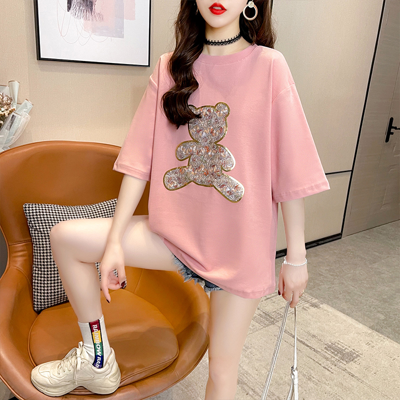 New summer embroidery bear short sleeve T-shirt women's loose size women's top