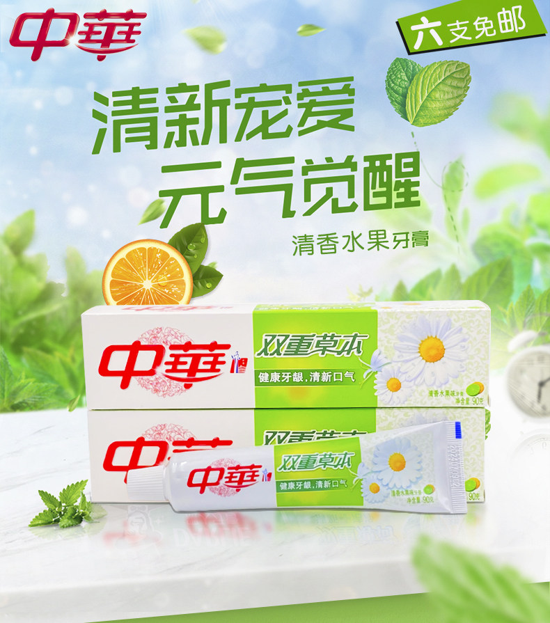 中华中草药草本牙膏90g克支双重草本金银花清香水果味牙膏6支包邮