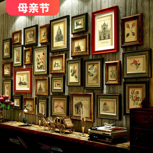 饰画 超大组合装 照片墙奢华复古实木相框客厅相片挂墙做旧欧式 美式