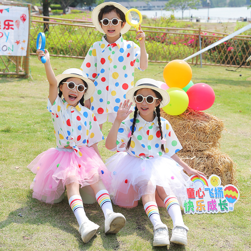 儿童多巴胺波点衬衫蓬蓬裙表演服夏季小学生啦啦队服幼儿园舞蹈服