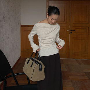 PURITY YH极简荡领一字肩修身显瘦长袖T恤打底衫设计感纯欲上衣