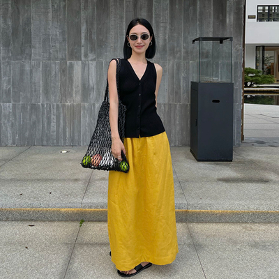 PURITY YH 小众简约橘黄色亚麻时尚半身裙松紧腰百搭中长款半裙女