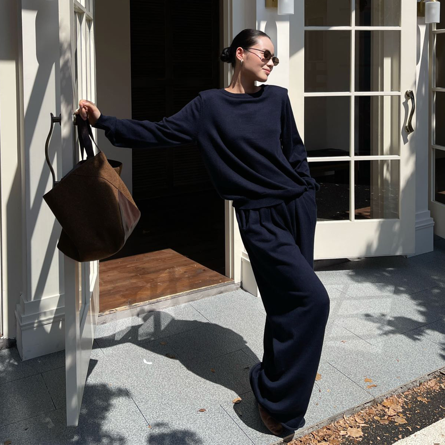 PURITYYH韩系休闲女套装时尚气质藏蓝色上衣显瘦阔腿裤羊毛两件套