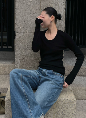 PURITYYH亲肤长袖黑色羊毛针织衫女冬时尚修身显瘦打底衫外穿上衣