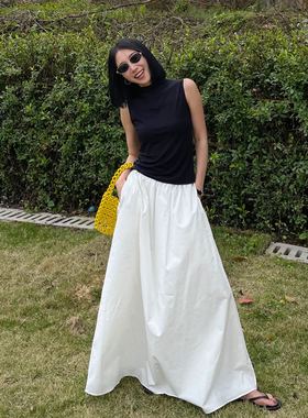 PURITY YH 小众简约白色前松紧腰气质大摆裙百搭宽松显瘦半身裙女