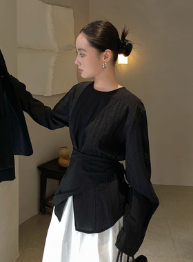 PURITY YH小众简约设计感前开叉圆领高级感收腰显瘦气质长袖上衣