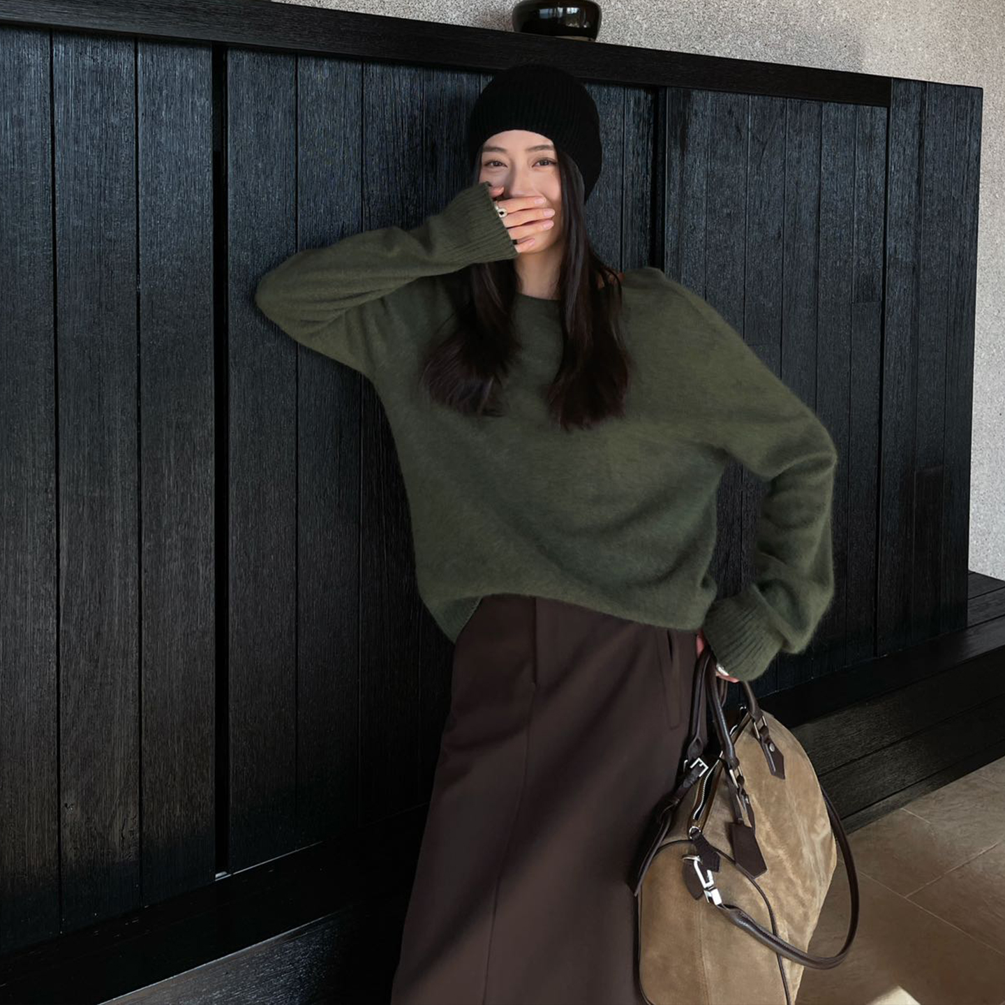 PURITY简约温柔慵懒风圆领毛衣女宽松针织上衣内搭羊毛打底衫上衣