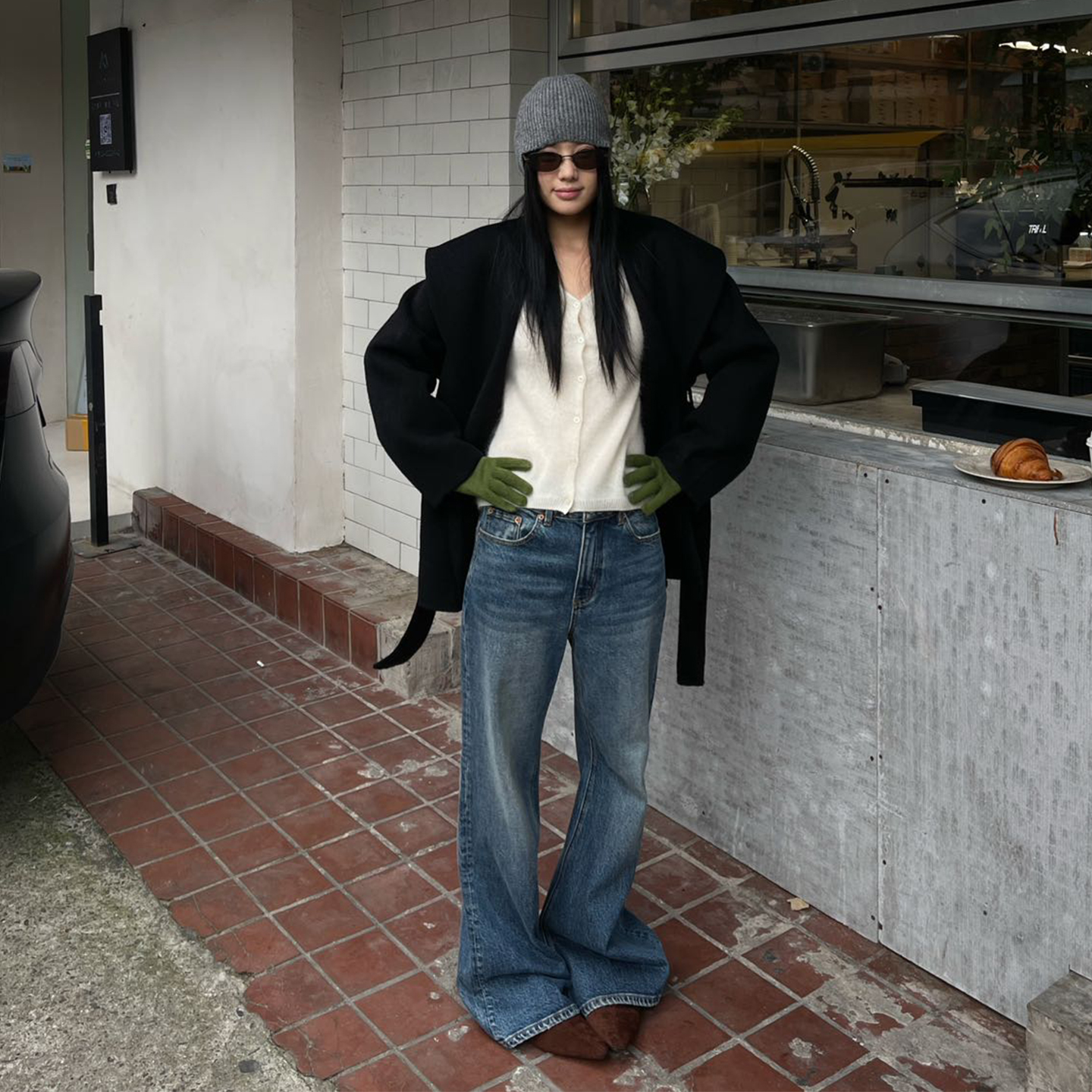 PURITY YH法式时髦直筒微喇叭牛仔裤女冬季休闲显瘦百搭蓝色长裤