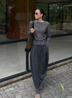 PURITYYH法式温柔简约百皱羊毛半身裙秋冬高腰显瘦中长裙花苞裙子