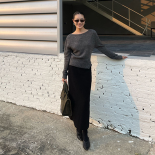 PURITY YH极简垂感加厚羊毛黑色针织半身裙女秋冬直筒裙包臀裙子