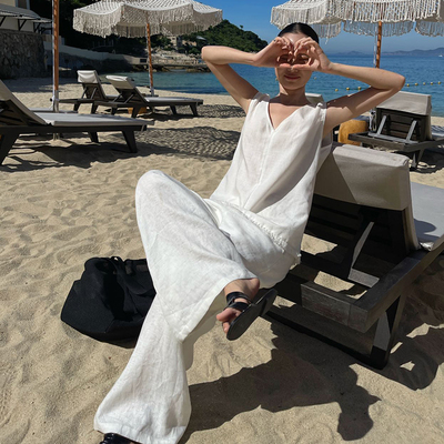 PURITY YH极简气质百搭时尚白色亚麻休闲裤慵懒宽松高腰阔腿长裤