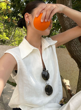 PURITY YH小众简约白色气质时尚无袖polo领背心通勤高级感V领上衣