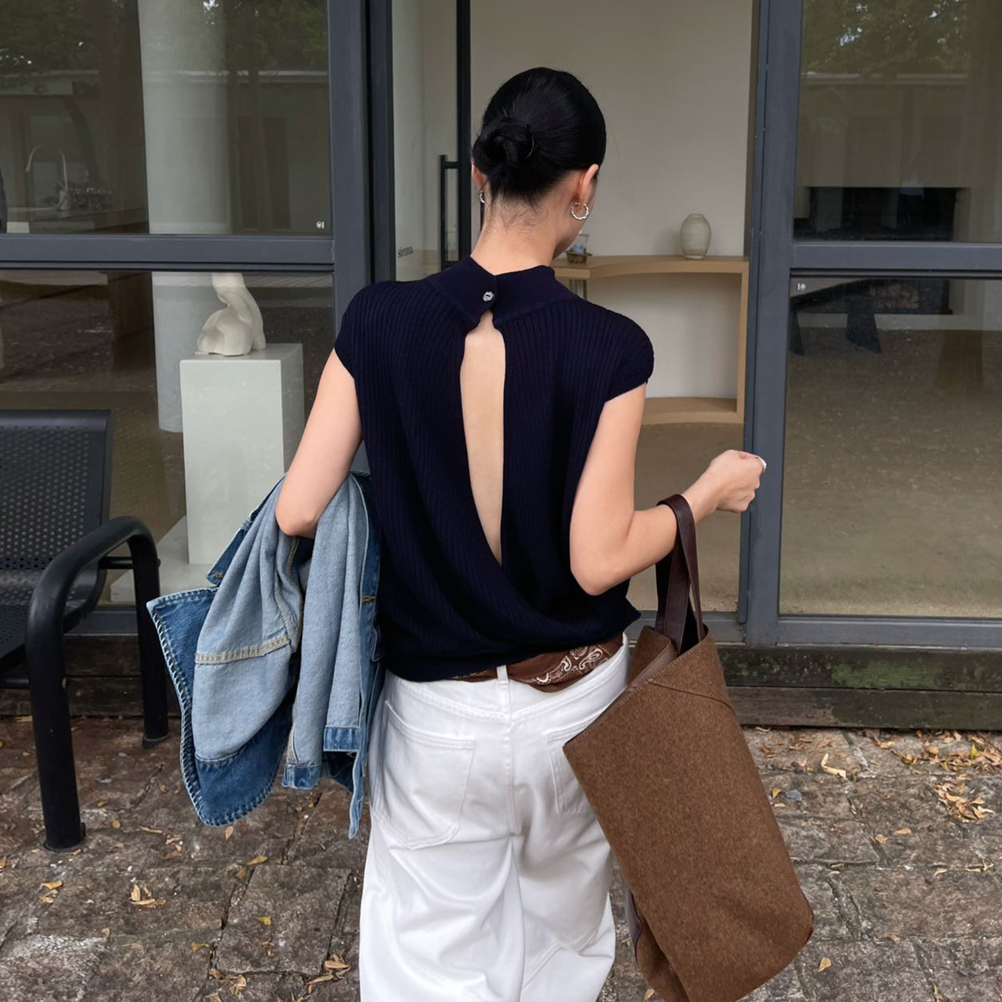 PURITYYH极简法式镂空针织衫女秋季时尚百搭宽松露背背心时尚上衣
