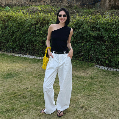 PURITY YH 小众简约白色显瘦高腰休闲裤新款通勤百搭宽松阔腿裤女