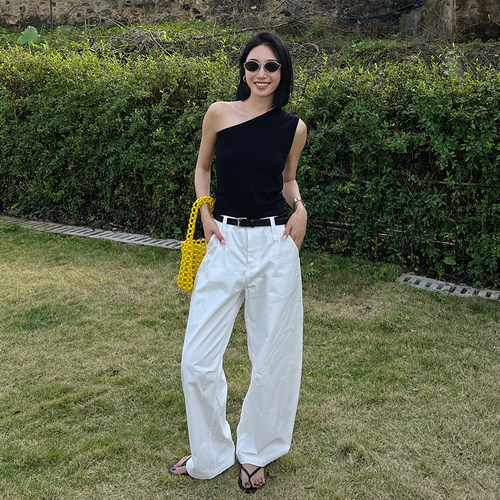 PURITY YH 小众简约白色显瘦高腰休闲裤新款通勤百搭宽松阔腿裤女