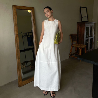 PURITY YH 小众简约白色圆领气质收腰连衣裙设计感前拉链背心裙女