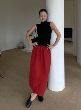 PURITYYH小众简约时尚洋气中国红半身裙遮胯气质百搭高腰花苞裙子