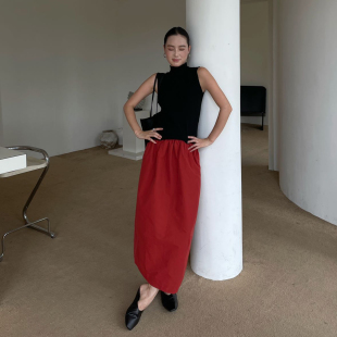 PURITYYH小众简约时尚洋气中国红半身裙遮胯气质百搭高腰花苞裙子