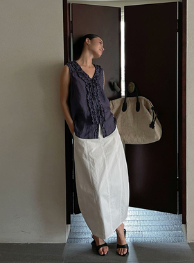 PURITY极简风拼接白色后拉链花苞遮胯设计感后开叉时尚百搭裙子