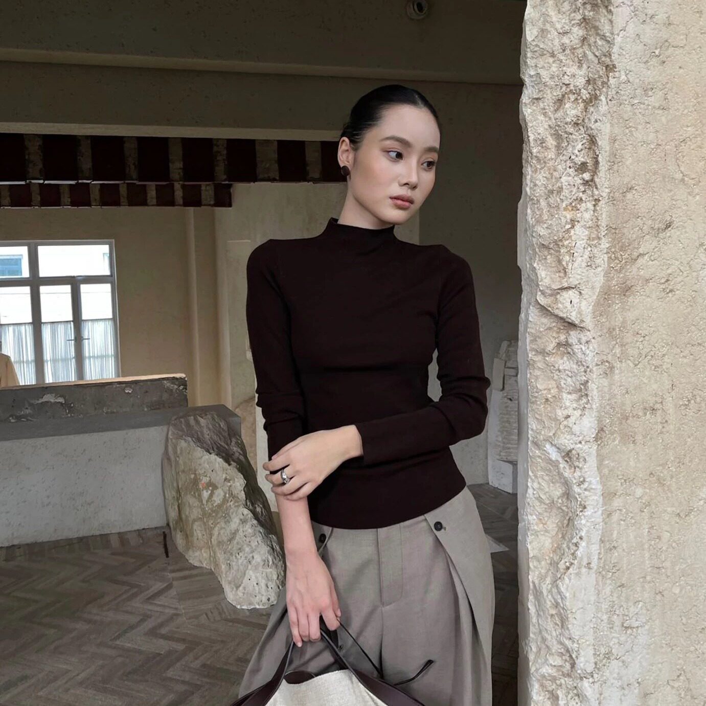 PURITY YR精纺羊毛气质半高领针织上衣修身显瘦打底长袖秋内搭女